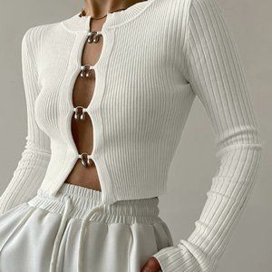 COMMENSE Cut-out Split Beads Detail Ribbed Knit Top